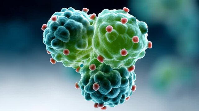 Green, red and blue blob with many small dots. It looks like a cell. The image is blurry and has a fuzzy look to it
