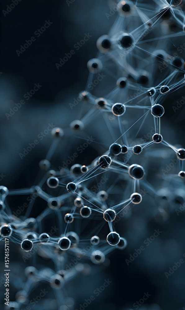 Poster abstract structure depicting complex molecular connections and networks with interconnected spheres 