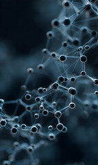 Abstract structure depicting complex molecular connections and networks with interconnected spheres and lines against