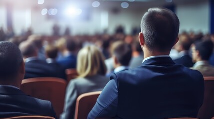 Fototapeta premium A man in a suit sitting in a conference room with a large audience.