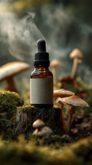 Fototapeta premium Amber dropper bottle on mossy tree stump surrounded by mushrooms in misty forest. Herbal tincture mockup with blank label. Natural medicine and amanita microdosing concept. 
