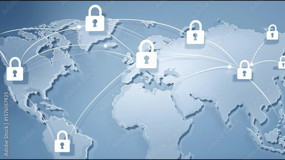 Poster global network security with connected padlock icons world map illustrating data protection and secu