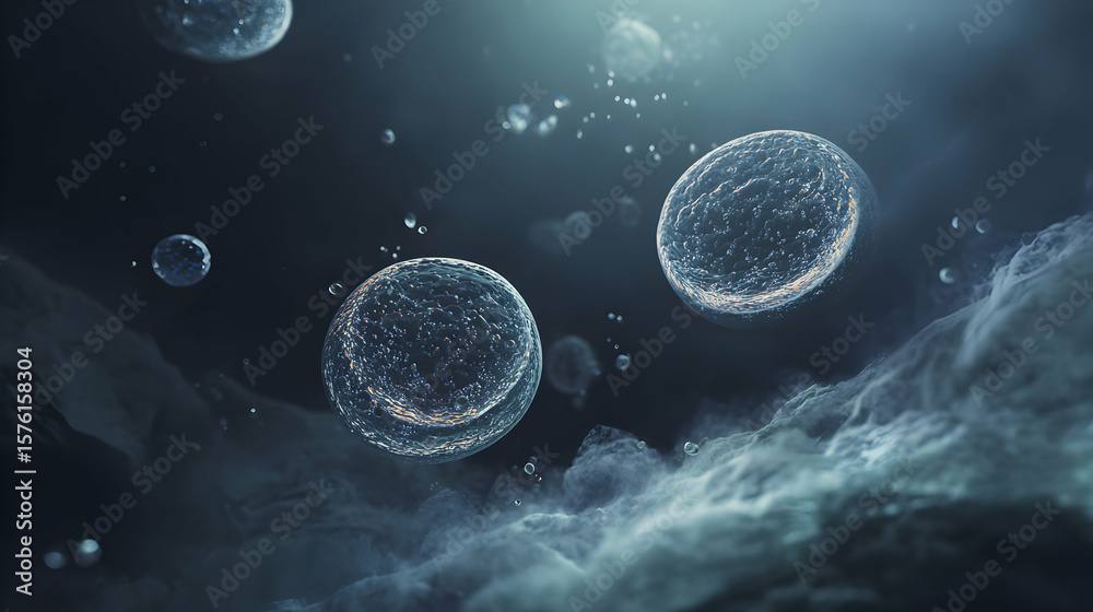Poster abstract cellular composition with floating orb shapes symbolizing science and microscopic life proc