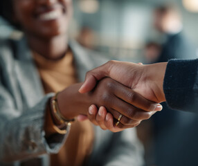 Two people are engaging in a warm handshake symbolizing connection and agreement in a professional setting