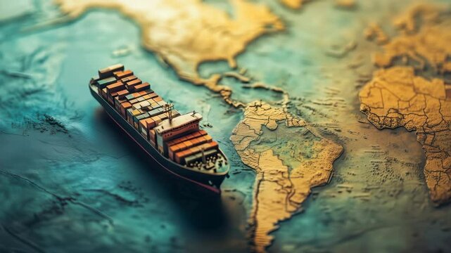 Cargo ship sailing towards south america on world map representing global trade