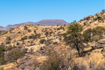 Paysage aride et montagneux de la Namibie durant l'hiver australe
