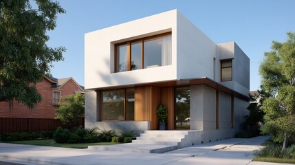 A modern house exterior with a blue sky, featuring a balcony, large windows, and contemporary urban architecture