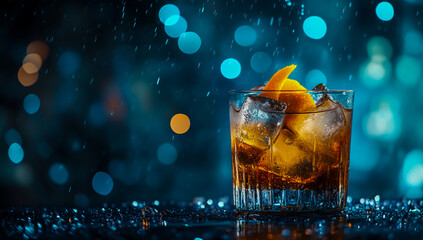 A lively take on a classic Old Fashioned cocktail served in a crystal glass, featuring sparkling ice cubes, orange peel garnishes and rich amber tones,