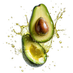 Vibrant halved avocado with golden liquid splash isolated on a transparent background green brown