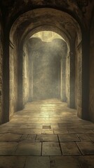 Fototapeta premium Walking Through Stone Archway Tunnel with Light and Shadow