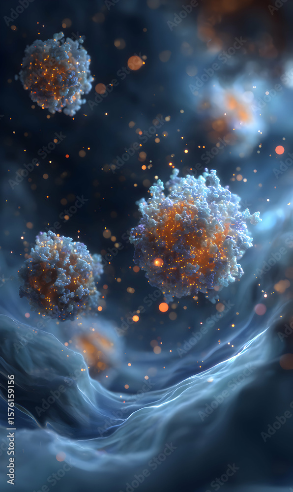 Poster abstract microscopic view of cellular structures with illuminated particles creating a complex biolo