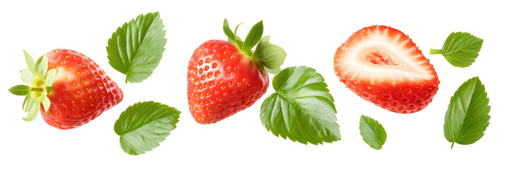 Delicious fresh strawberries with green leaves arranged against a black background