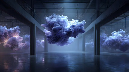 Dramatic three dimensional purple clouds inside expansive hall represent digital data storage and innovative