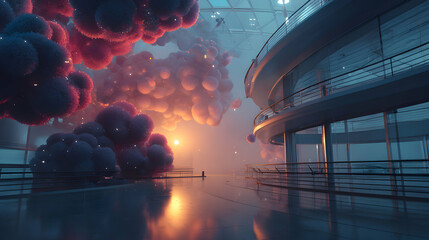 Futuristic architectural scene with ethereal clouds and vibrant lighting creates a surreal dreamy building reflecting
