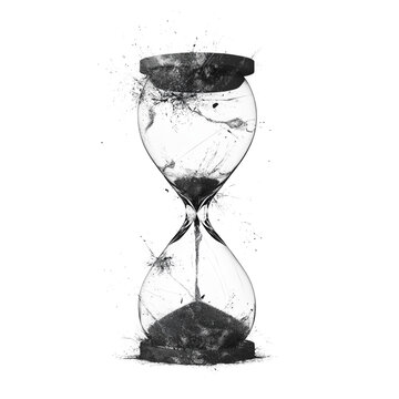Shattered hourglass with black sand exploding outwards isolated on transparent background