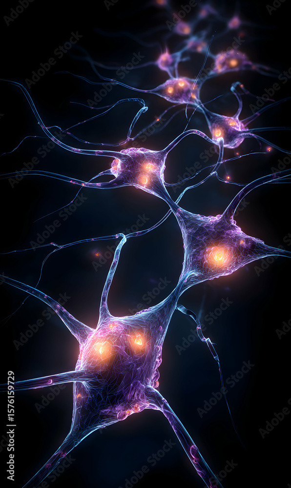 Poster detailed neural network visualization illuminating complex cell connections and intercommunication f