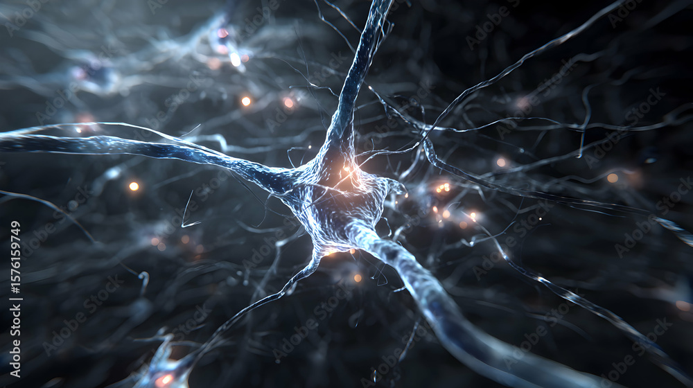 Poster intricate neuron network visualization for science and technology concepts depicting neural connecti