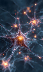 Interconnected neural network illustration glowing brain cells concept with intricate connections representing