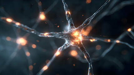 Intricate neuron cell network visualization with vibrant orange light sparks in a modern medical science or