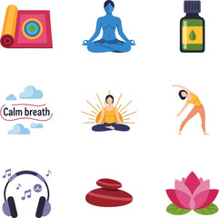 Fototapeta premium Collection of yoga and meditation icons, depicting various elements and practices.