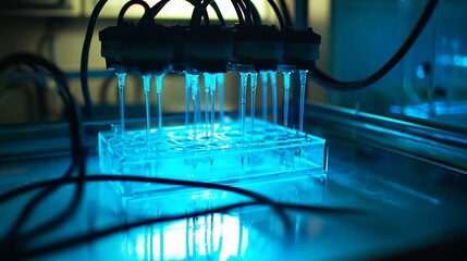 Intricate Laboratory Apparatus Under Blue Light
