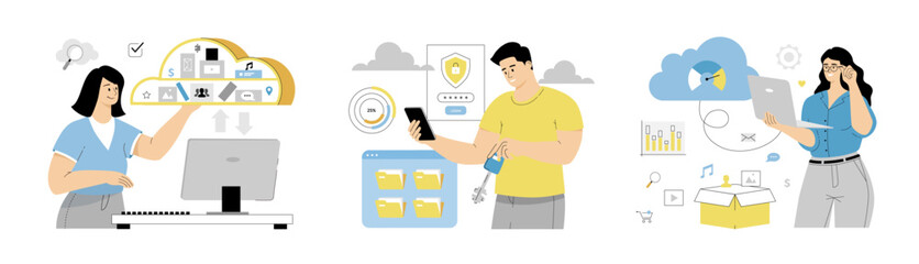 Cloud computing concept set in flat web design.  Security cloud services protect personal documents and data. Flat vector illustration isolated on white background.