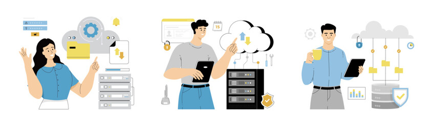 Cloud computing concept set in flat web design. Data protection technology, Document security, Cloud data password protection. Flat vector illustration isolated on white background.