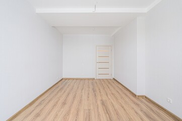 empty room with white walls, light brown wood-look flooring, and a white door with frosted glass panels