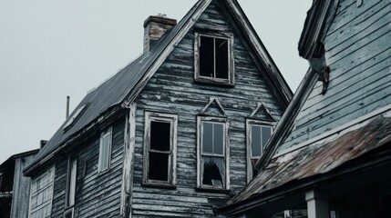 Naklejka premium Weathered gray wooden houses, dilapidated, aged, showing decay, broken windows, gloomy, overcast sky.