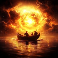 Three Figures in Boat Approaching Fiery Celestial Body