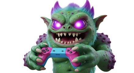 Fototapeta premium Cartoon monster holding game controller