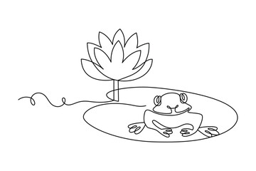Funny frog resting on lily pad beside blooming lotus flower, drawn in continuous line in minimalism, abstract, greeting card, invitation to holiday, editable vector contour.