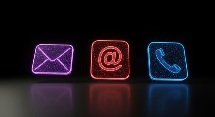 Glowing contact icons displaying mail at symbol and phone on a reflective surface with black background