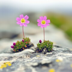 Two Pink Flowers Growing on Rock