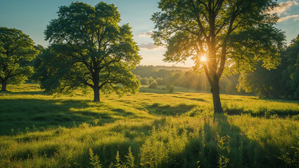 Warm sunlight shining through trees in green meadow at sunset