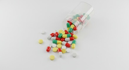 Colorful capsules & pills spill from a clear container onto a stark white surface, casting soft shadows