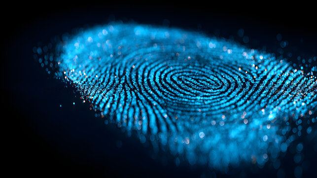 Generative AI image of digital finger print scan in blue glowing lights for forensic data and personal identification on black background while useful in biometrics