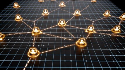 Social network connection concept featuring glowing user icons linked by lines digital grid background symbolizing communication data exchange technology link and digital communication network icon - Powered by Adobe