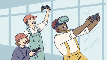 Diverse group of friends enjoying virtual reality and video games together isolated on white background