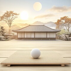 White Sphere on Wooden Tray with Japanese House Background