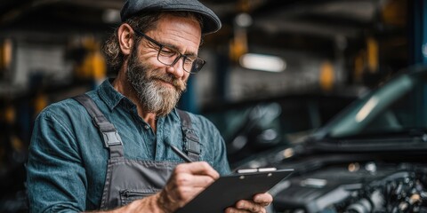 Preventive Care Planning: Confident mechanic scheduling service appointments while examining hybrid battery systems
