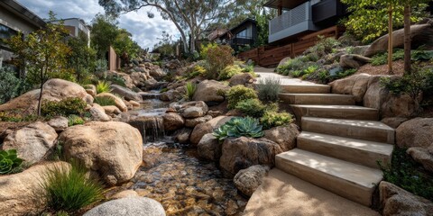 Rainwater Harvesting Haven: Innovative collection system integrated with terraced succulent gardens and permeable hardscaping
