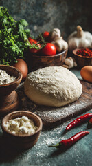 Fototapeta premium Dough ball on wooden board surrounded by ingredients like tomatoes and chili peppers