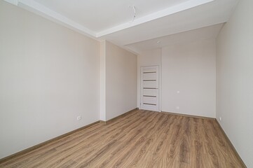 bright, empty room with wood-patterned flooring, light beige walls, and a white door with horizontal accents. A clean, minimalist space