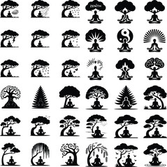 Meditation Under Tree Silhouette – Peaceful Yoga Icon Vector Set Zen Meditation Pose Under Tree – Spiritual Silhouette Illustration Pack