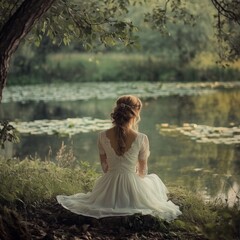 Woman in White Dress by Pond
