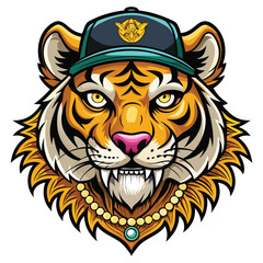 Graffiti Tiger Face Wearing Cap and Gold Chain T Shirt Design