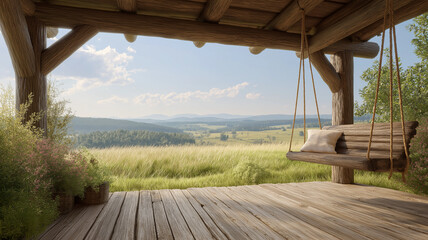 Artisan-crafted wood deck with boho swing seat, expansive view of flowering meadow and distant trees, summer tranquility, no blur, real photo, stock photography