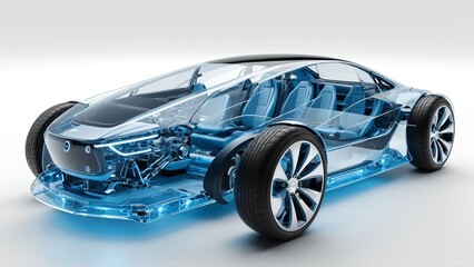 Blue transparent electric car 3D rendering with glass texture, showing central engine, wheels, seats on isolated white background, ideal for automotive design, educational diagrams, or tech advertisem