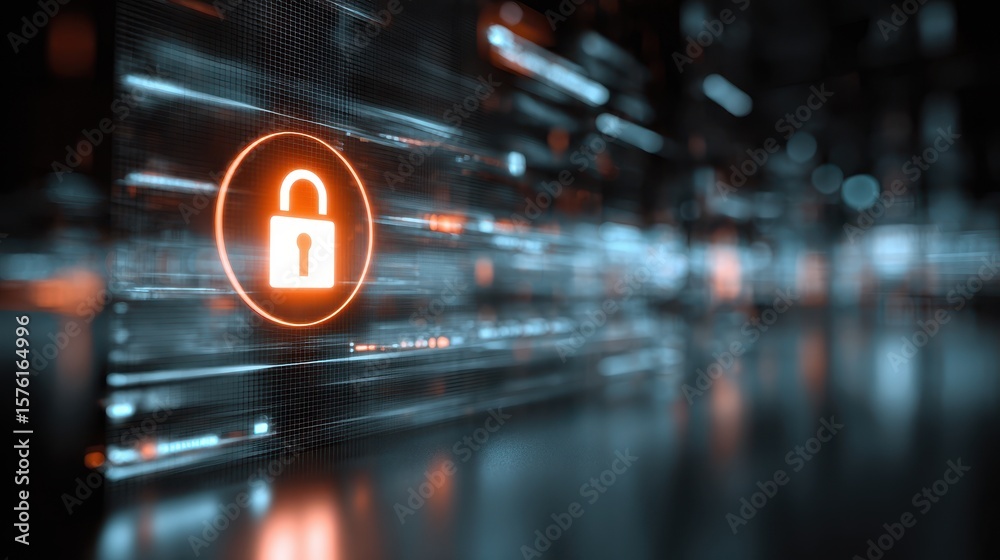 Poster digital security concept with a glowing padlock symbol against a backdrop of data streams and techno